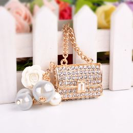 Cute Bag Shape Pearl Flower Crystal Charm Purse Handbag Pendant Car Key Ring Keychain Party Wedding Favour Delicate Gift