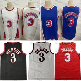 Retro Mens Basketball 3 Allen Iverson Jersey Red Black Classic Jerseys 3 Drazen Petrovic Blue White Vintage Throwback Men Outdoor Sports Uniforms