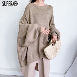 SuperAen Fashion Pullovers Sweater Women Autumn and Winter Bat Sleeve Big Size Ladies Solid Color Tops Casual Clothes 201223