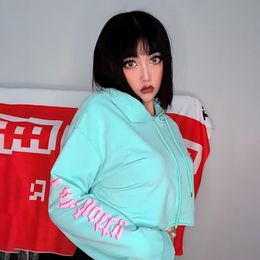 Rapwriter Streetwear Raglan Long Sleeve Loose Panelled Letter Hoodies Sweatshirt Women Fall Green Hip Hop Harajuku Crop Top 201202