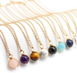 Natural Stone necklace 12mm Rose Quartz Tiger Eye Amethysts Energy Healing Chakra Pendant Necklaces Women Jewellery