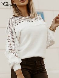 Celmia Women Autumn Plush Pullovers Sweaters Elegant Long Lantern Sleeve Shirt Tunic Fashion Lace Hollow Fur Top Streetwear L220815