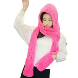 Berets 3 In 1 Women Winter Hood Scarf Hat Glove Set Warm Soft Snood Pocket Hooded Srarves 2022 Fashion For Girl