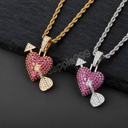 Iced out Solid Heart Necklace & Pendant With Arrow Gold Silver Colour Bling Cubic Zircon Men's Hip hop Chains Jewellery For Gift