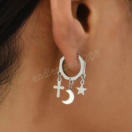 Silver Color Moon Star Cross Shape Tassel Earring for Women Fashion Geometric Octagon Thin Hoop Earrings Jewelry Gifts