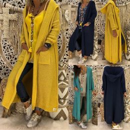 Long Sweater Women Knitted Cardigan Autumn Winter Solid Color Loose Hooded Pocket Casual Fashion Sweaters