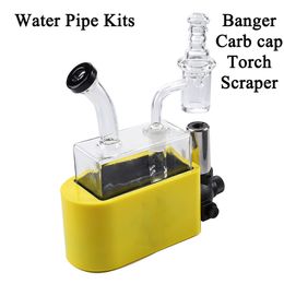 6 Inch Tobacco Snuff Snorter Kits Includes Glass Dab Rigs Bent Neck Hookahs Glass Bongs 14mm Female Joint Water Pipes With Banger Carb Caps Torch Scraper