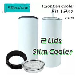 Local Warehouse! Two Lids 15oz Sublimation Can Cooler Straight Tumbler Stainless Steel Can Insulator Vacuum Insulated Bottle Cold Insulation Can USA Warehouse