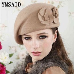 Ymsaid High Quality Elegant Women 100 Wool Beret Hat With Charming Wool Double Flowers Female Autumn Winter Outdoor Party Hat J220722