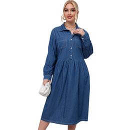 Plus Size Dresses Oversized Casual Women Autumn Sundress Fashion Lapel Neck Long Sleeve Solid Denim Shirt Dress Vestidos Robe FemmePlus