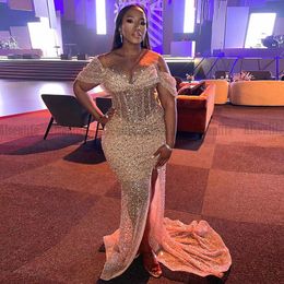 Sparkly Sequins Prom Dresses For Women Party Gowns Sheer Neck Formal Aso Ebi Split Evening Dress 2022 Occasion Reception Wear