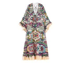 Casual Dresses Women Fashion Hand Beaded With Tied Printed Ruffled Midi Dress Vintage V Neck Three Quarter Sleeve Female Vestidos MujerCasua