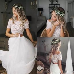 New Arrival Two Pieces Off Shoulder Empire Waist Lace Wedding Dresses Short Sleeve Bridal Gowns Customise Beach Wedding For Women