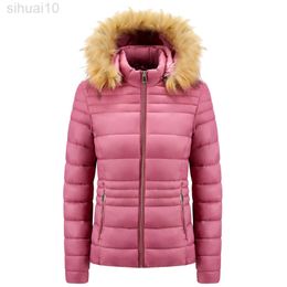 Solid Jacket Women Winter Cotton Furry Collar Hooded Long Sleeve Zipper Thick Warm Loose Casual Basic Female Coat Fashion L220730