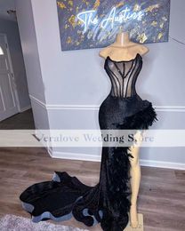 Sexy Black Dress for Women Prom Transparent Sequins With Feathers Mermaid Evening Gowns High Low African Club Outfit Party Gowns