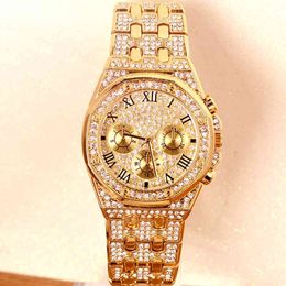 Top grade cool big dial three eye local gold mens watch personality waterproof steel band diamond water drill Watch