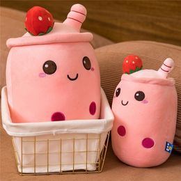 23CM Pink Style Cartoon Fruit Bubble Tea Cup Plush Toys Pillow Stuffed Soft Hug Cushion Decor 220425