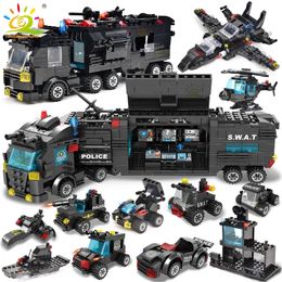 HUIQIBAO SWAT Station Truck Model Building Blocks City Machine Helicopter Car Figures Bricks EDucational Toy For Children 220715