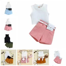 Kids Designer Clothes Girls Pit Tops Shorts Fanny Pack Clothing Sets Kids Hang Neck Waistcoat Pants Waist Bag Outfits Summer Boutique Baby Suit