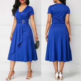 Fashion Elegant Women Solid Colour Short Sleeve V Neck Asymmetric Hem Waist Tight Midi Party Dress Ladies Evening Vestidos 220617
