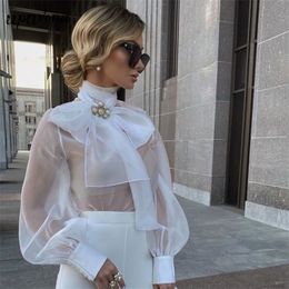 Sexy Women See-through Shirt Top Lace-Up Collar Design Lantern Long Sleeve Turtleneck White Slim Pullover 220516