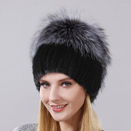 Winter Warm Real Mink Hat Strip Horizontal Suture Woman's Skis Fur Hooded High Quality Silver Cap Scot22