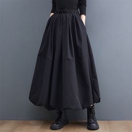 Black Vintage High Waist Pleated Skirt Women Plus Size Fashion Drawstring Loose Casual Midi Skirts Clothes Autumn Winter 220401
