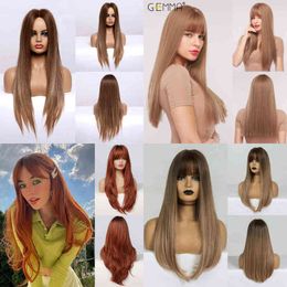 Long Straight Ombre Black Orange Wine Red Wig with Bangs Synthetic s for Women Heat Resistant Layered Cosplay Daily 220622
