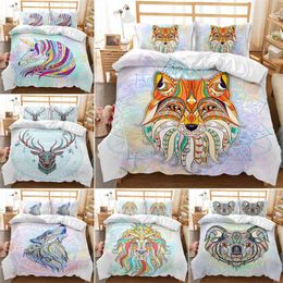 Bohemian Mandala Bedding Set Colorful Deer Wolf Head Comforter Cover Exotic Ethnic Animals Duvet King for Kids Adults Room