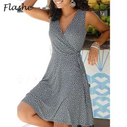 Casual Polka Dot Dress Women V Neck Sleeveless Bandage Beach Dress Summer Bohemian Dresses For Women Clothes S5XL 220527