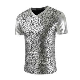 Summer Short Sleeve V-Neck T Shirt Men Casual Bronzing Geometric Print Nightclub Tshirt Men Hip Hop Streetwear Tee Shirt Homme L220704