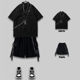 HOUZHOU Techwear Goth Gothic Clothing Men s Shirt Short Sleeve Male Punk Rave Shorts Set Streetwear Hip Hop Hippie 220621