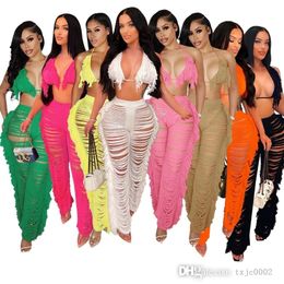 2022 Summer Two Piece Women Set Tracksuits Womens Sexy Knitted Hollow Out Perspective Tassel Bra Pants Suit Beach Style