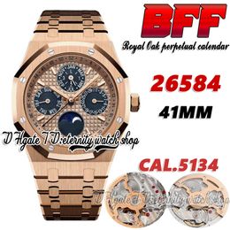 BFF bf26584 Complicated Function Cal.5134 bf5134 Automatic Mens Watch 41mm Moon Phase Rose Gold Textured Dial Stick Markers Stainless Bracelet eternity Watches