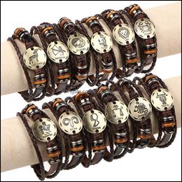 Charm Bracelets Jewelry Vintage 12 Horoscope Leather Punk Hasp Lock Braided Bracelet Zodiac Couples Bangle For MensWomens Fashion Drop Deli