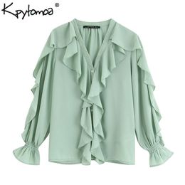 Vintage Stylish Ruffled Chiffon Stylish Tops Women Blouses Fashion V Neck Long Sleeve Ladies Shirts Casual Blusas Mujer LJ200810