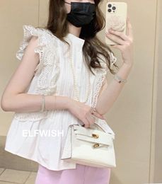 Women's Blouses & Shirts Woman White Cotton Sleeveless Lace Layered Ruffled Shoulder Detail Pleats Stand Collar Front Buttons Fashion Tops B