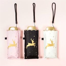 Mini Pink Pocket Umbrella Women Uv Small Umbrella Deer Print Sun Rain Ladies Black Coating Five Folding Bumbershoot 210320