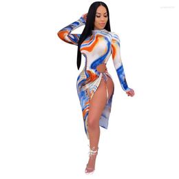 Casual Dresses Cutubly Long Sleeve Dress Tie Dye Print Party Sexy Club Hollow Out Bodycon Midi Slit