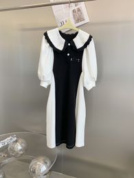 2022 European fashion spring and summer new black and white contrast stitched embroidered dress