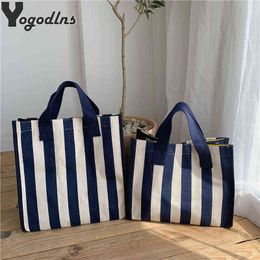 Shopping Bags Reusable Women Travel Shopper Tote Bag High Quality Canvas Casual Beach Handbags Female Stripe Design Shoulder 220318