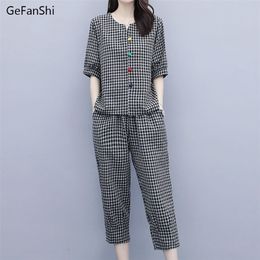 Summer Womens 2Pcs Plaid Vneck BlousePants Office Lady Two Pieces Set Casual Fashion Tops And Anklelength Trousers Sets 220706