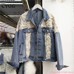 Spring Heavy Industry Pearl Mesh Stitching Loose Denim Jacket Womens Fashion AllMatch Thin Top Trendy 220816