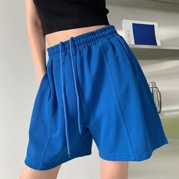 Xpqbb Summer Casual Short Solid Color Elastic Waist Wide Leg Shorts Woman Blue Green Black Loose Sports Short Pants 220701