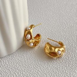 Stud Minar Korean Style Natural Freshwater Pearl Earrings For Women Gold Colour Metallic Irregular Geometrical Earring PendientesStud Kirs22