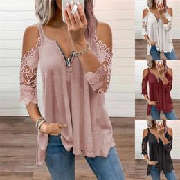 Summer Elegant Hollow Out Shirt Women Sexy Lace Half Sleeve Zipper Casual T V Neck Loose Plus Size Sling Pullover Tops 220407