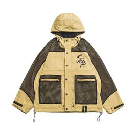 Men's Jackets Harakuju Streetwear Cargo Spring Hooded Color Block Patchwork Loose Outwear Coats For Male Hip HopMen's