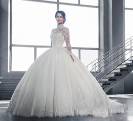 Elegant High Collar Ball Gown Wedding Dresses New 2022 Muslim Long Sleeves Train Lace Appliques Wedding Gowns Vintage Chapel Bridal Dress Custom Made