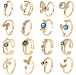 Gold Evil Blue Eye Rings Zircon Adjustable Simple Style Tail Ring Copper Dripping Oil Jewellery Ring Gift for Women Girls