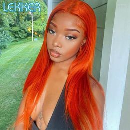 free part wigs UK - Lace Wigs Lekker Dark Ginger Orange Straight 4X4 Front Top Scalp Human Hair Wig For Women Free Part Pre Plucked Brazilian Remy Kend22